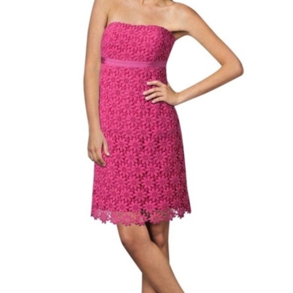 Lilly Pulitzer Bowen Pink Floral Eyelet Lace Strapless Empire Waist Dress Size 0 - Picture 1 of 8